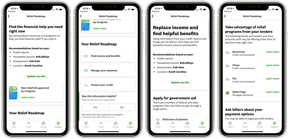 Two phone screens showing the Relief Roadmap feature