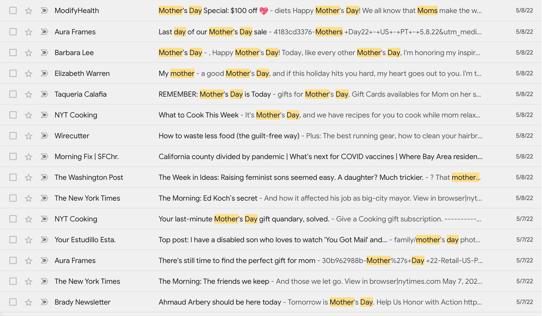 Screenshot of an email account with many Mother's Day emails.