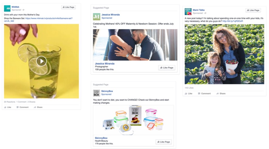 Screenshot of Facebook ads for products and services related to alcohol, pregnancy, Mother's Day, and weight loss.