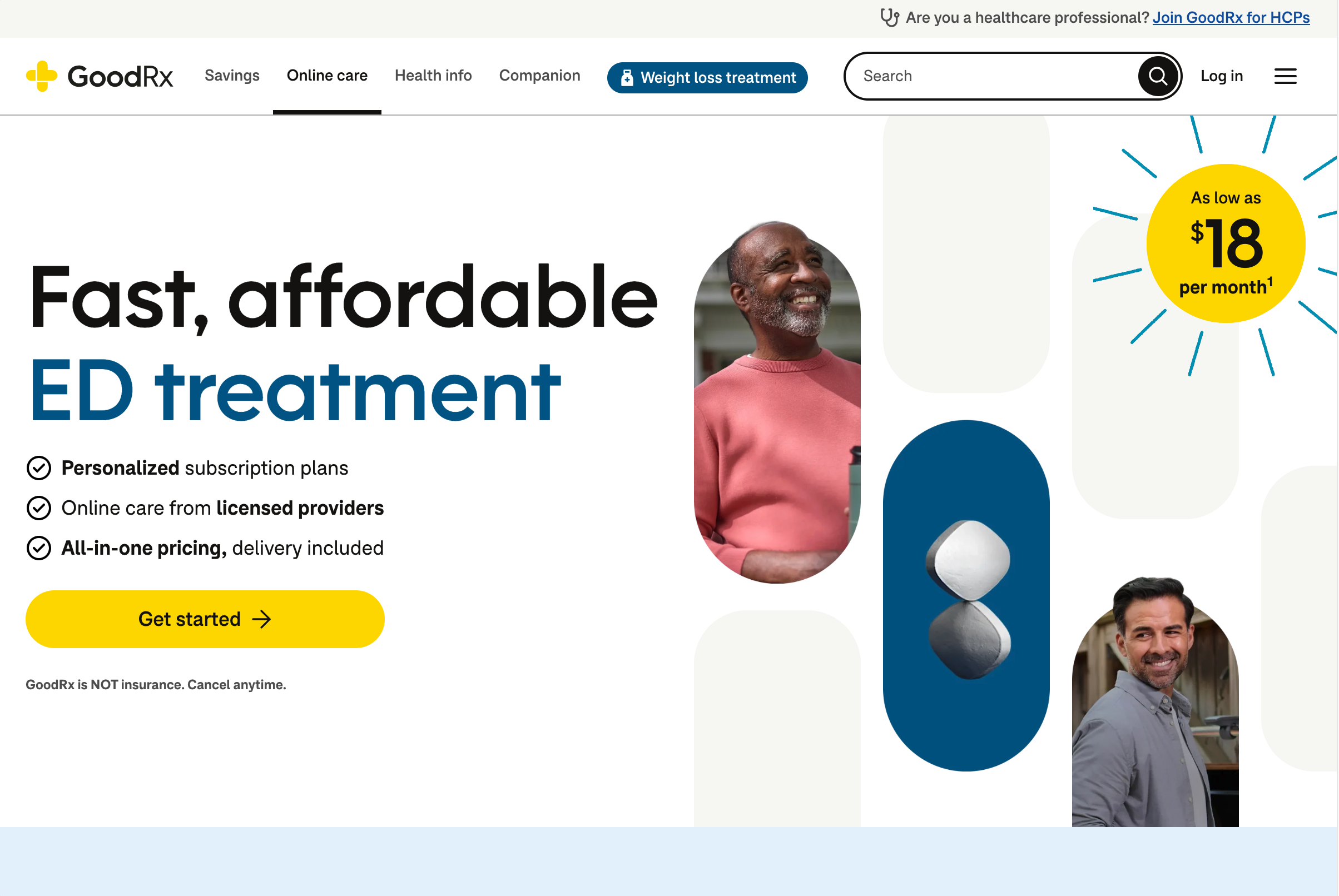 A screenshot of GoodRx's ED subscription landing page circa 2026.